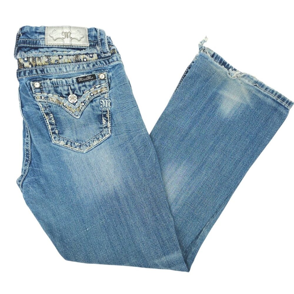 Miss Me Jeans Mid Rise Easy Boot Cut Faux Flap Size 30x29 READ Stretch Med Wash